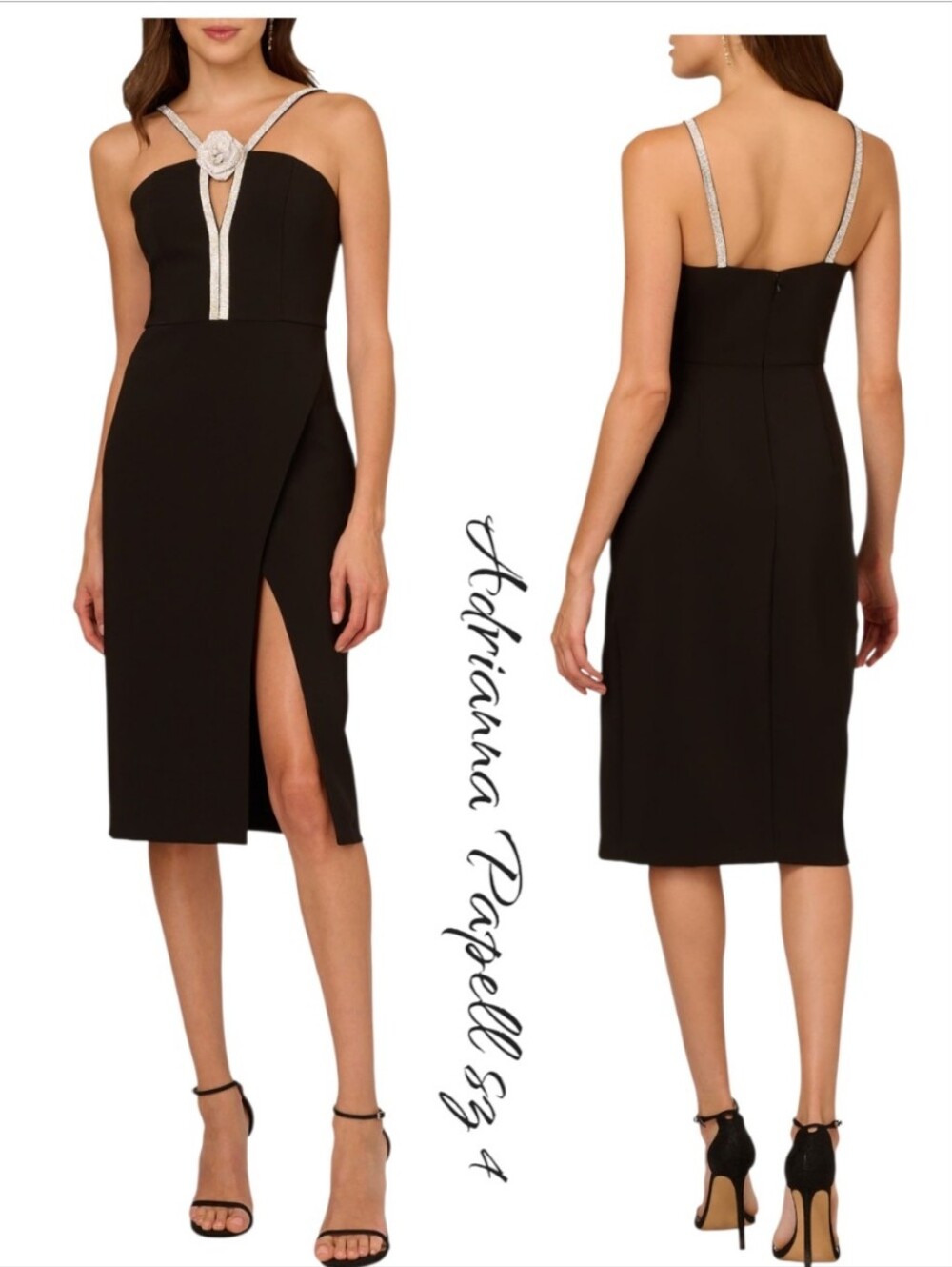 Adrianna Papell Rhinestone Rosette Halter Midi Crepe Slit Dress Black 4 NWT